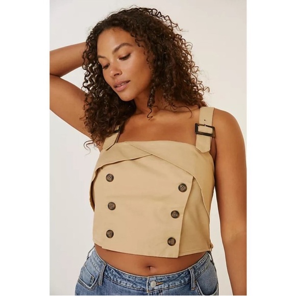 Anthropologie Eva Franco khakiTrench Buttoned Blouse with Straps Petite crop 20W - Picture 2 of 12